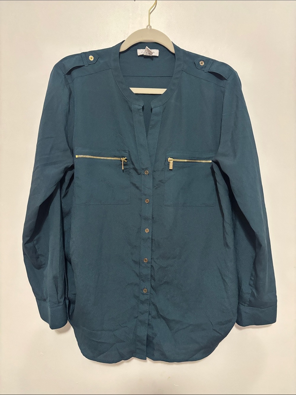 Calvin Klein Teal Blue Gold Zip Pocket Utility Roll Tab Sleeve Blouse Size L